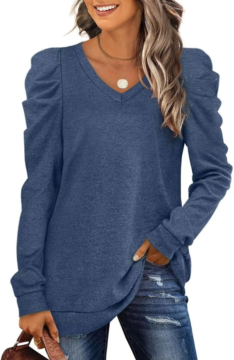 XIEERDUO Puffärmel Pullover Damen Herbst Sweatshirt Elegant V Ausschnitt Langarm Shirt Blau S, Blau