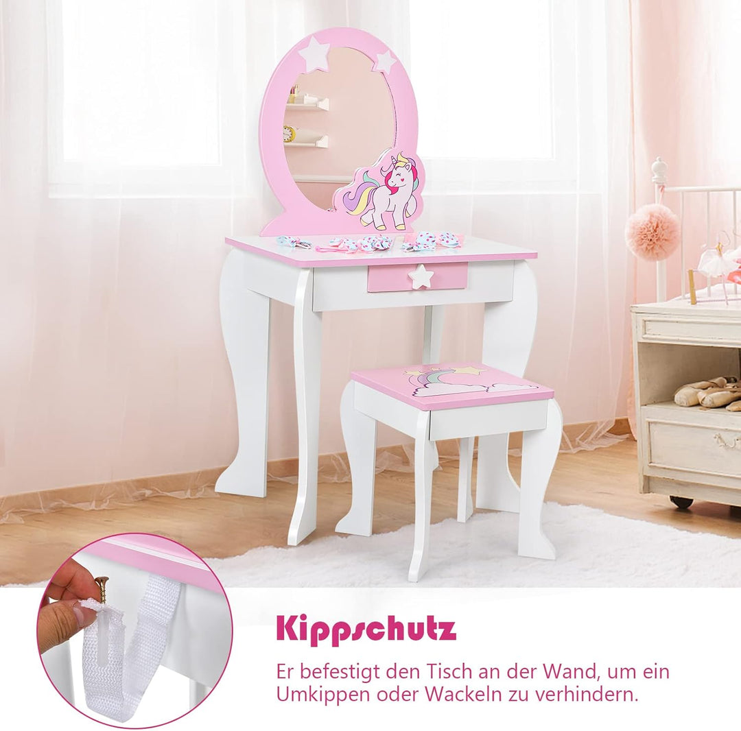 DREAMADE Kinder Schminktisch mit Hocker & Abnehmbarer Spiegel, Frisiertisch für Kinder, Frisierkommo