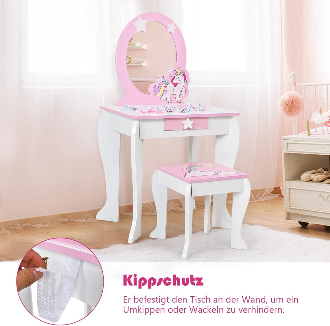 DREAMADE Kinder Schminktisch mit Hocker & Abnehmbarer Spiegel, Frisiertisch für Kinder, Frisierkommo