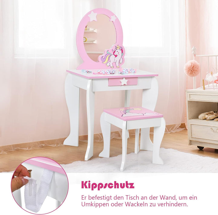 DREAMADE Kinder Schminktisch mit Hocker & Abnehmbarer Spiegel, Frisiertisch für Kinder, Frisierkommo