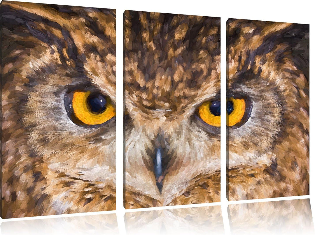 Pixxprint Eule mit gelben Augen als Leinwandbild/Grösse: 3 Teilig (120x80) cm/Wandbild/Kunstdruck/fe