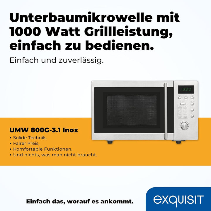 Exquisit Mikrowelle UMW 800 G-3 Inox / 800 Watt / Grill 1000 Watt / Unterbau-Mikrowelle / 20L / Edel