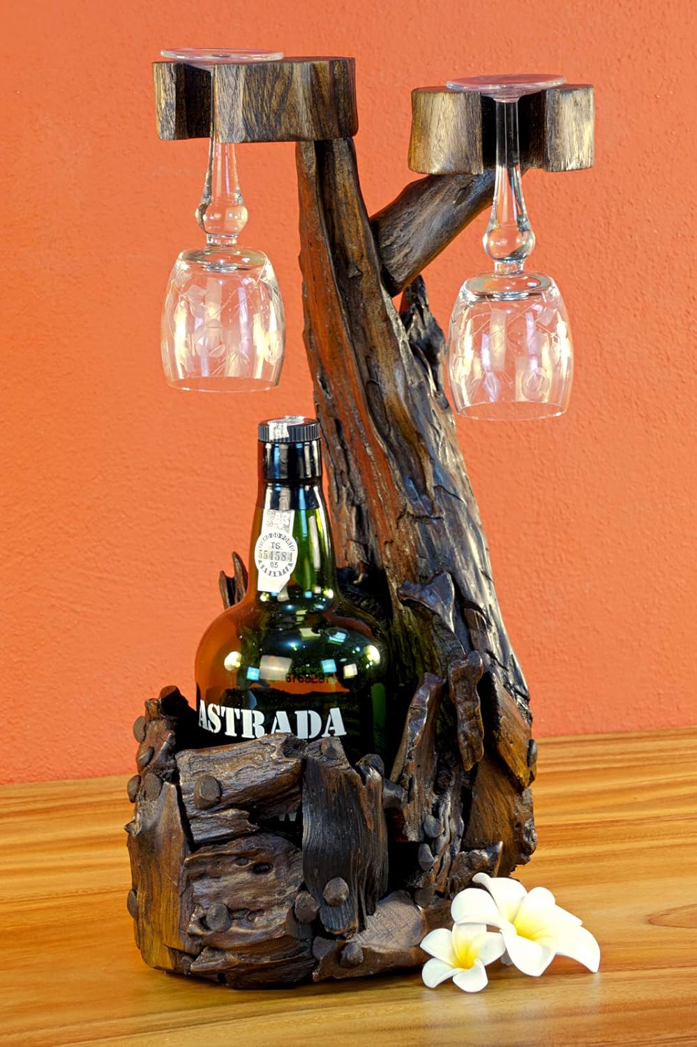 Teak Wurzelholz Flaschenständer - 45cm Teak Flaschenhalter - Edel und dekorativ für 1 Flasche und 2