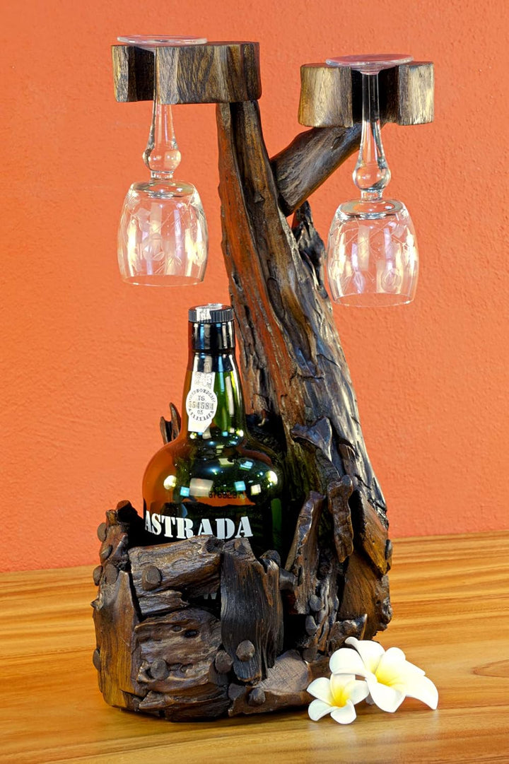 Teak Wurzelholz Flaschenständer - 45cm Teak Flaschenhalter - Edel und dekorativ für 1 Flasche und 2
