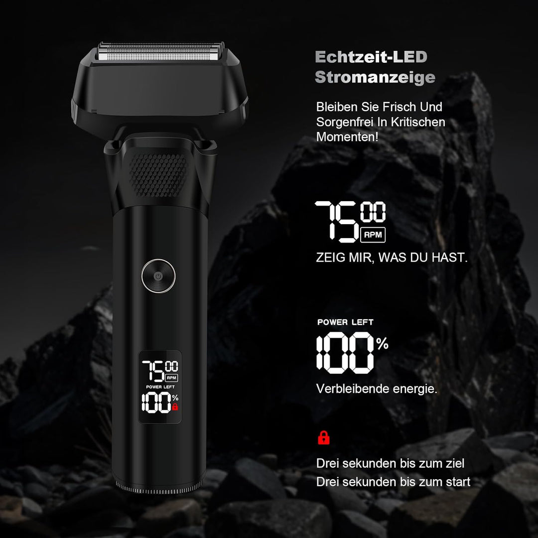 KSDEN 2408 Herrenrasierer,90 MIN Betriebszeit，Elektrorasierer，5-fach Schneidsystem， LED-Display，Schw