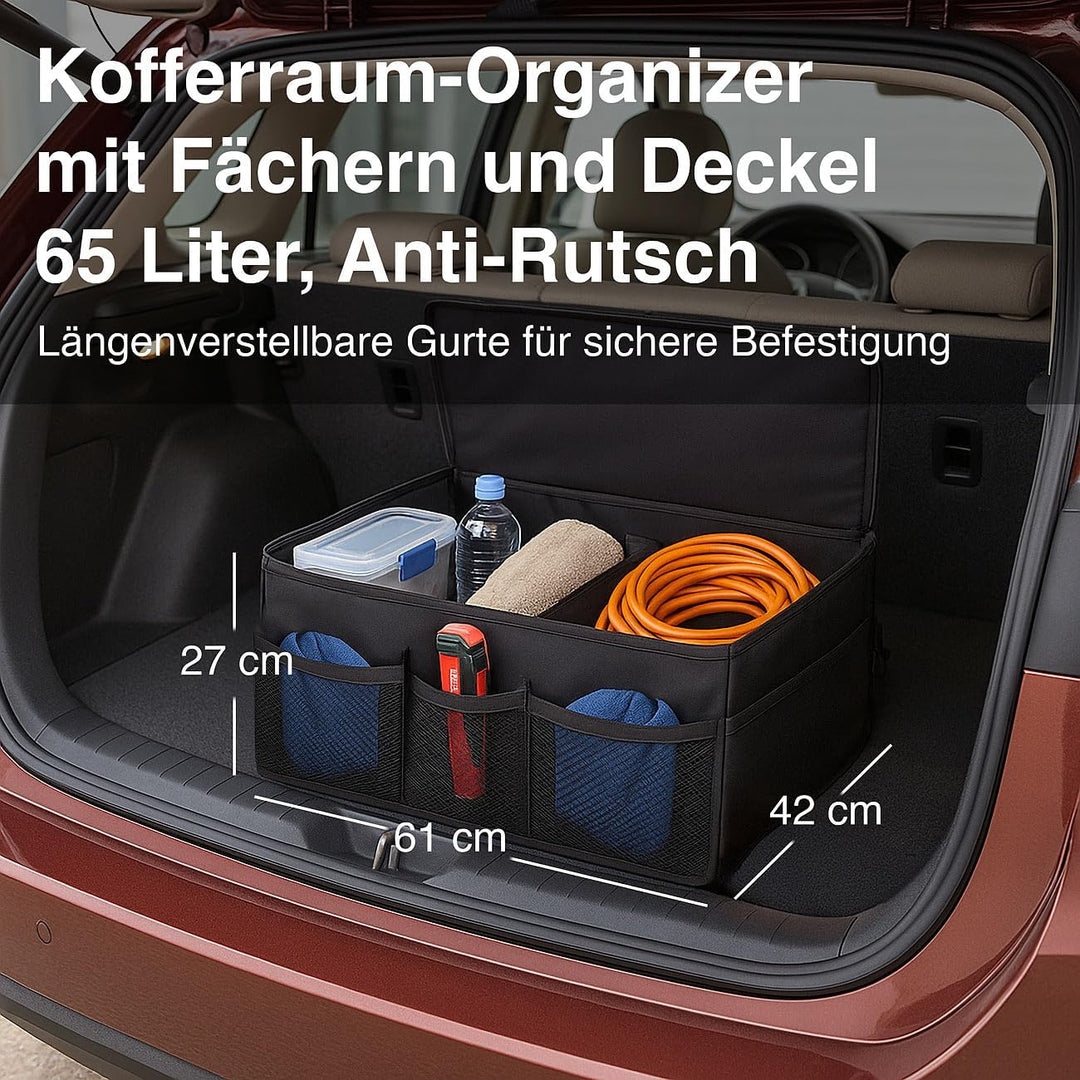 Lescars Auto-Aufbewahrungsboxen: Kofferraum-Organizer mit Fächern und Deckel, 65 Liter, Anti-Rutsch