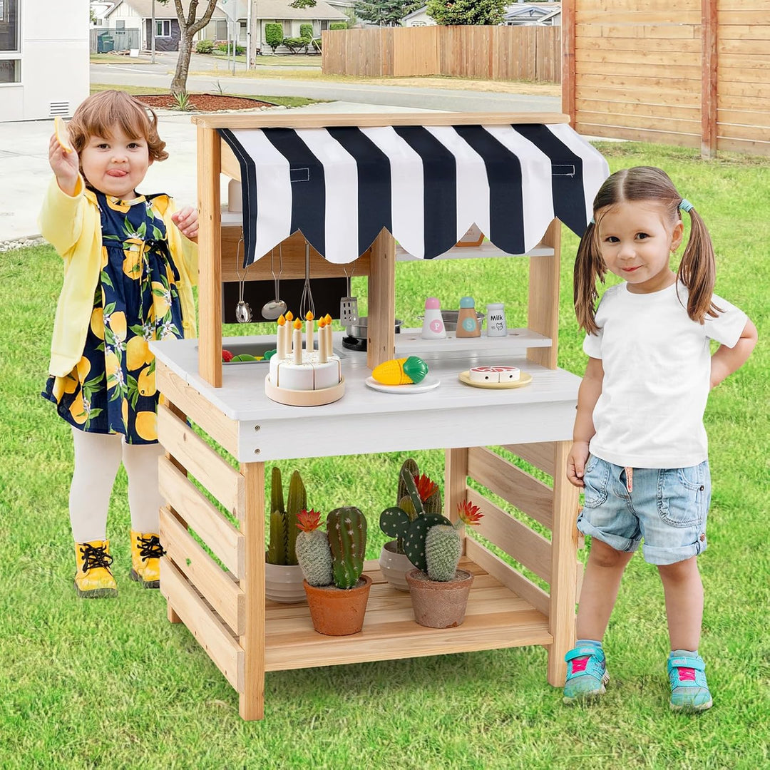 COSTWAY Matschküche Kinder Outdoor, Kinderküche Tannenholz mit Wasserfunktion, Doppelseitige Spielkü
