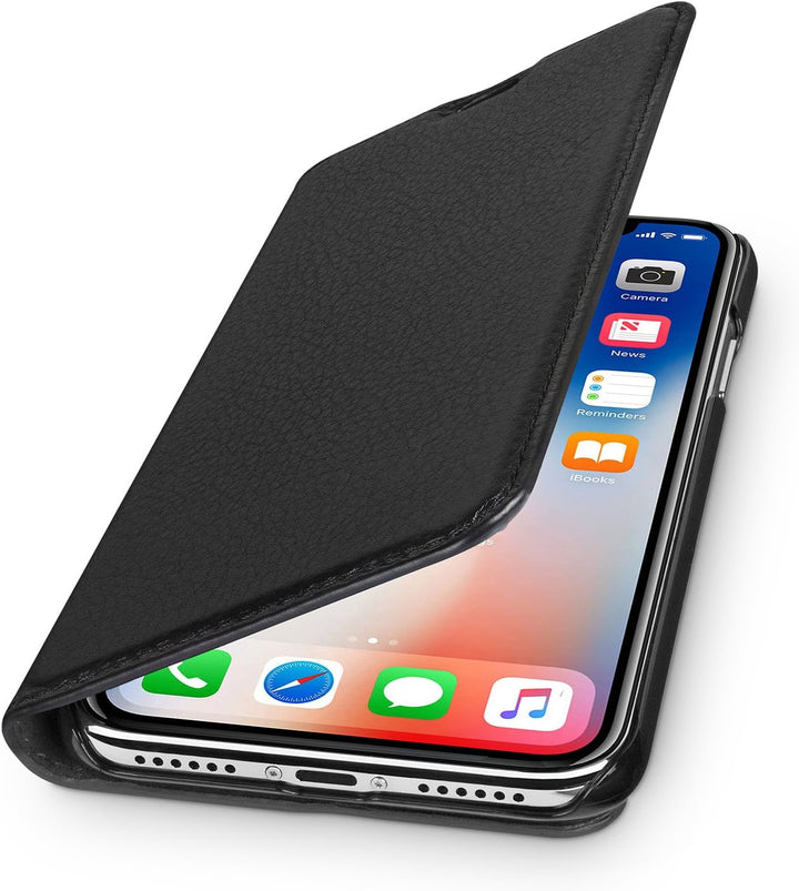 WIIUKA Echt Ledertasche - TRAVEL Nature - für Apple iPhone X und XS -DEUTSCHES Leder- Schwarz, kabel