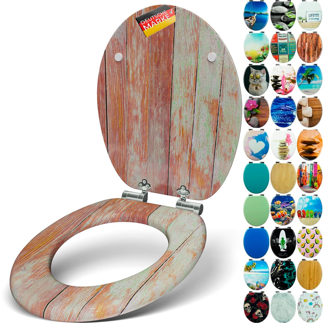 Premium WC Sitz mit Absenkautomatik – hochwertige Toilettendeckel aus Holz, viele bunte Motive, hohe