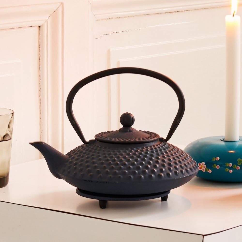 Bredemeijer Flache Blaue gusseiserne Teekanne 1.25 Liter Xilin mit Edelstahlfilter Einzelbett, Einze