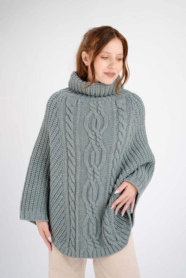 SAOL Damen Strickjacke aus 100% Merinowolle Zopfmuster Irische Aran Poncho Einheitsgrösse Skylight,
