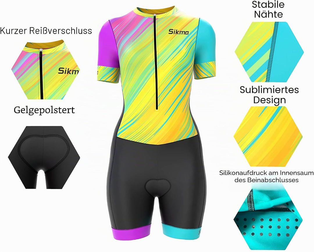 Radsport-Skinsuit für Damen, gepolstert, einteilig, Trisuit, Bike-Top, kurz, sublimiertes Design, Tr