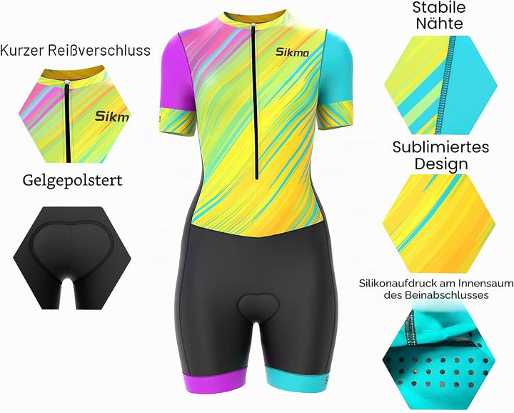 Radsport-Skinsuit für Damen, gepolstert, einteilig, Trisuit, Bike-Top, kurz, sublimiertes Design, Tr
