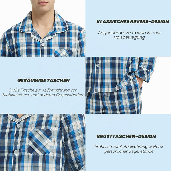 Vulcanodon Herren Baumwolle Pyjama Set kariert, Button Down Schlafanzug für Herren Nachtwäsche