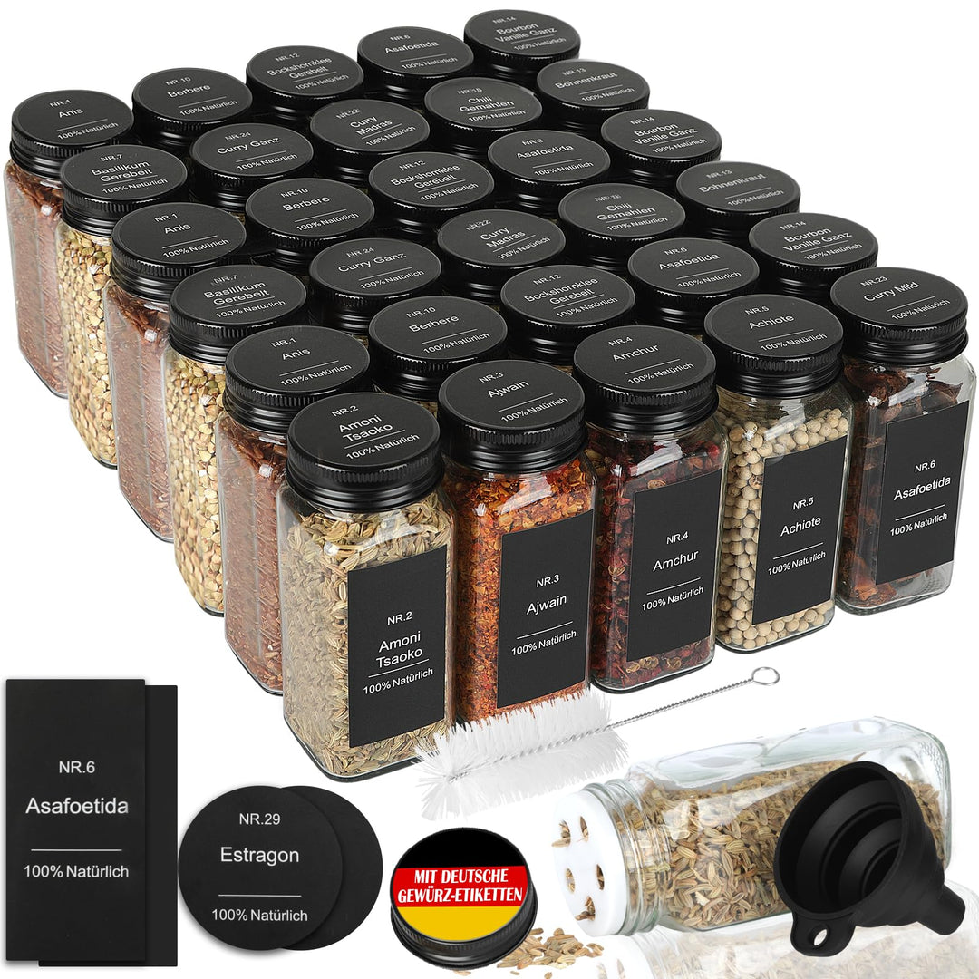 30er Set Gewürzgläser Eckig mit Streueinsatz - mit 324 Deutsch Wasserfeste Label - 120ml Luftdichte