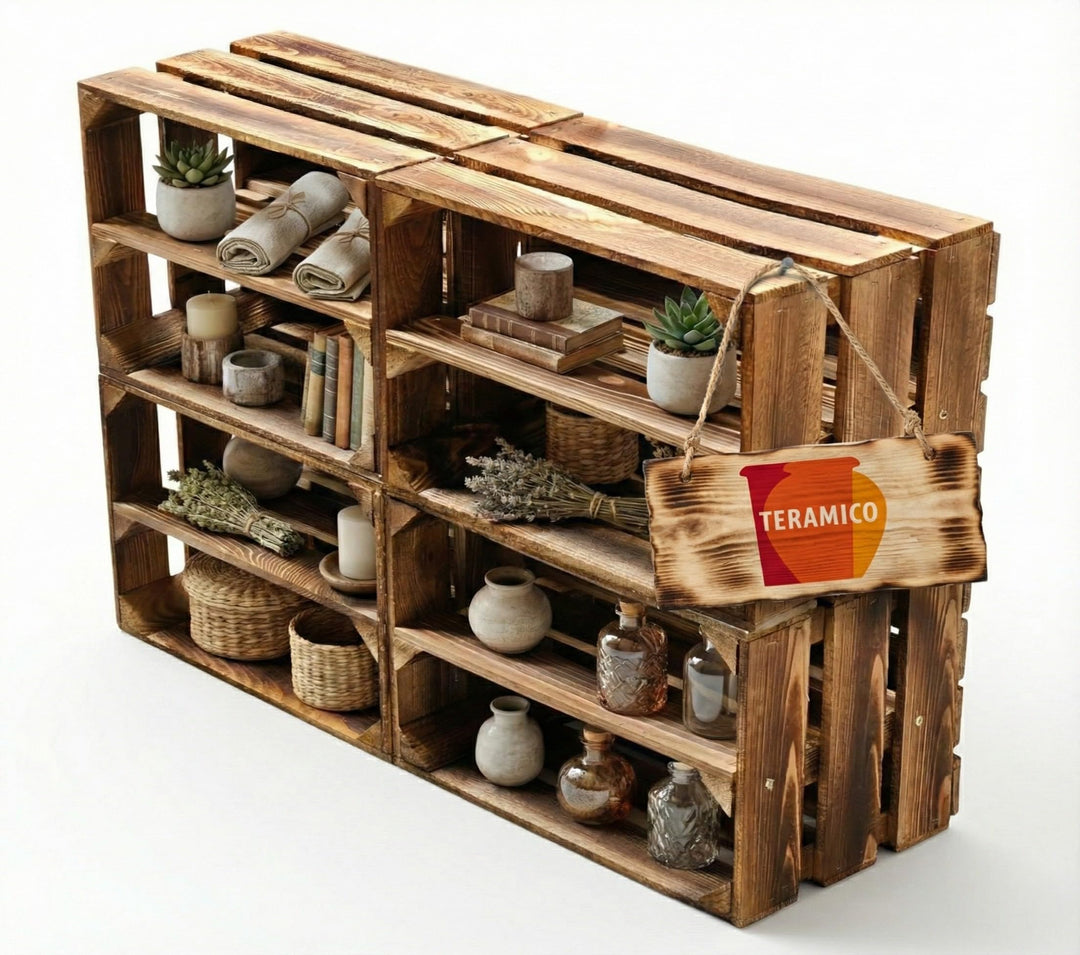 Teramico Vintage Holzkisten 40 x 30 x 25cm geflammt | Weinkisten &amp; Obstkisten | Set-Angebote (4er Se