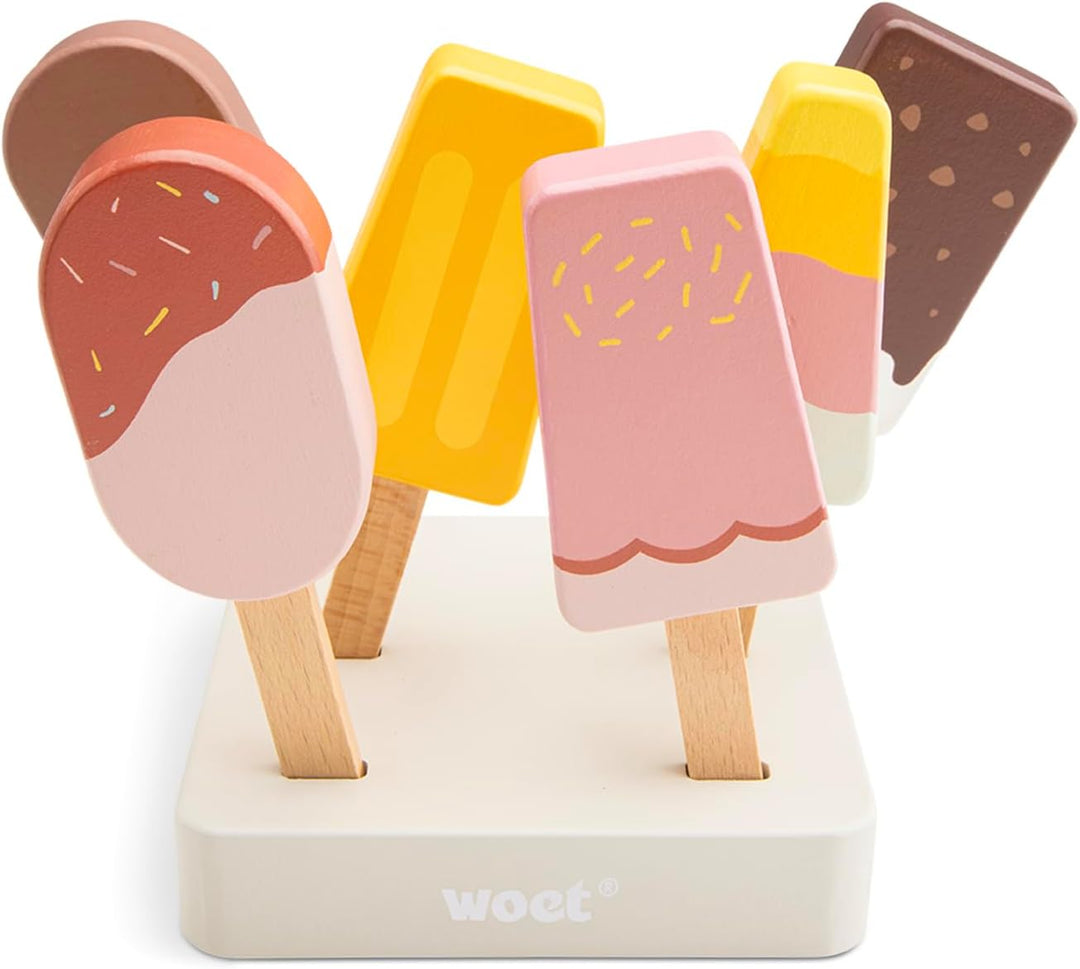 Woet® Holzspielzeug Eisstand für Kleinkinder – Spiellebensmittel Set mit Holzständer und 6 EIS am St