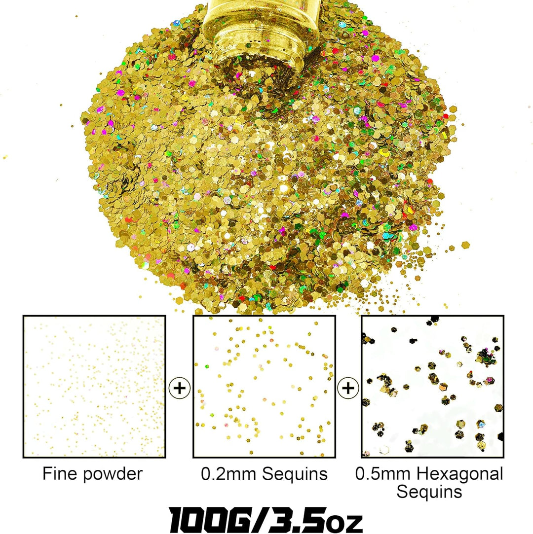 Gold Holographische Glitzer für Gesicht, Körper, Nagelkunst, Make Up, Haar, Slime und Basteln DIY, G