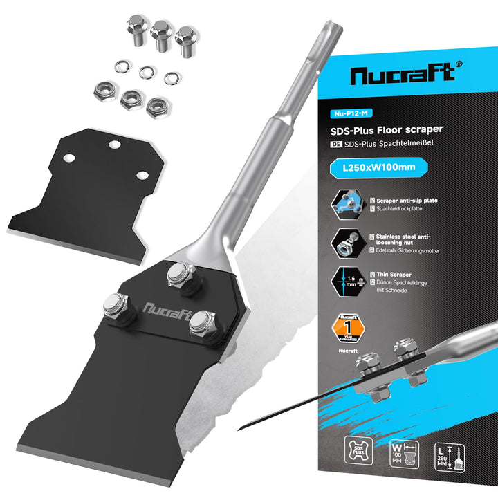 Nucraft Spachtelmeissel SET SDS-Plus 250x100 mm,Meissel inklusive Ersatzklinge und Schrauben,Bodensc