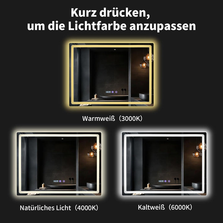 Treeboy Badspiegel mit Beleuchtung 50x70cm - LED Badezimmerspiegel mit Uhr, Temperatur & Feuchtigkei