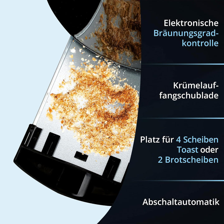 KHG TO-1301LSS Toaster Langschlitz, schwarz, 4 Scheiben, Kunststoff, mit Brötchenaufsatz, 7 Röstgrad