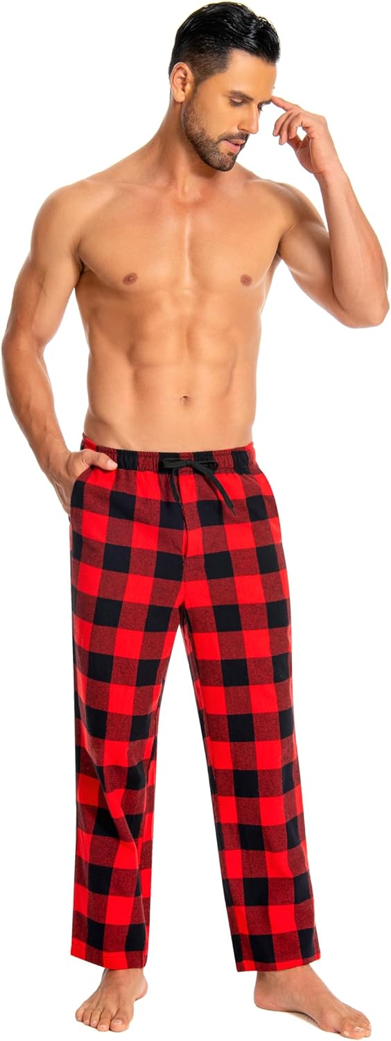 Cyathea Schlafanzughose Herren 100% Baumwolle Flannel Pyjamahose Kariert Loungehose mit Taschen Nach