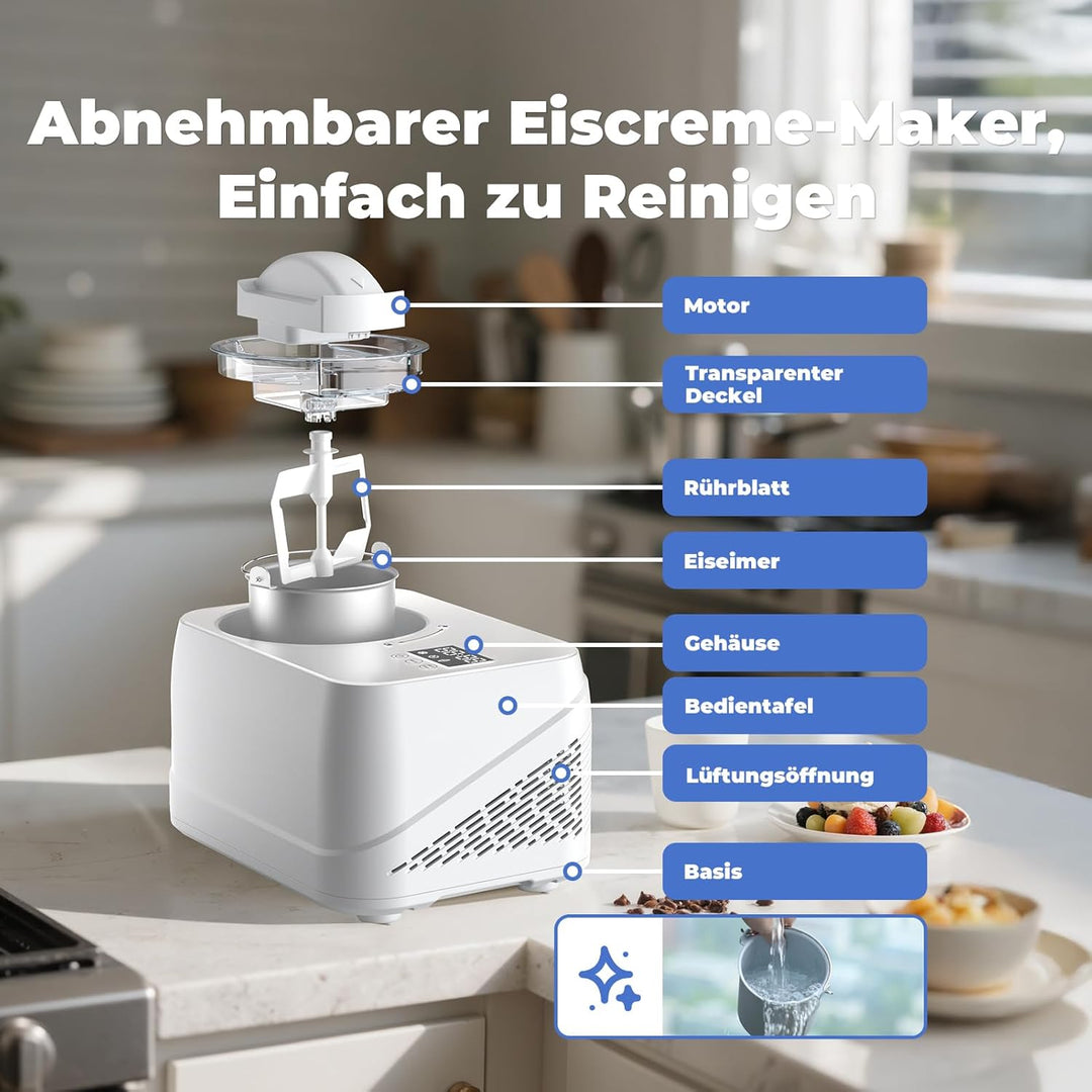 Eismaschine mit Kompressor 1L, Eismaschine Selbstkühlend mit Entnehmbarem Eisbehälter, inkl. Spatel/