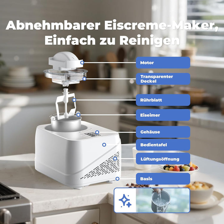 Eismaschine mit Kompressor 1L, Eismaschine Selbstkühlend mit Entnehmbarem Eisbehälter, inkl. Spatel/