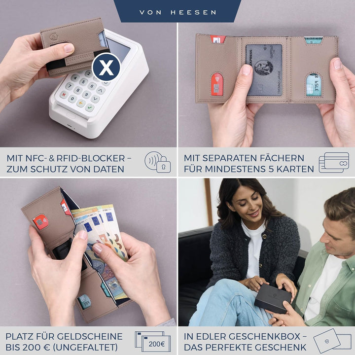 VON HEESEN Slim Wallet mit Münzfach &amp; RFID-Schutz - Leder Geldbeutel - Mini Geldbörse für Herren und