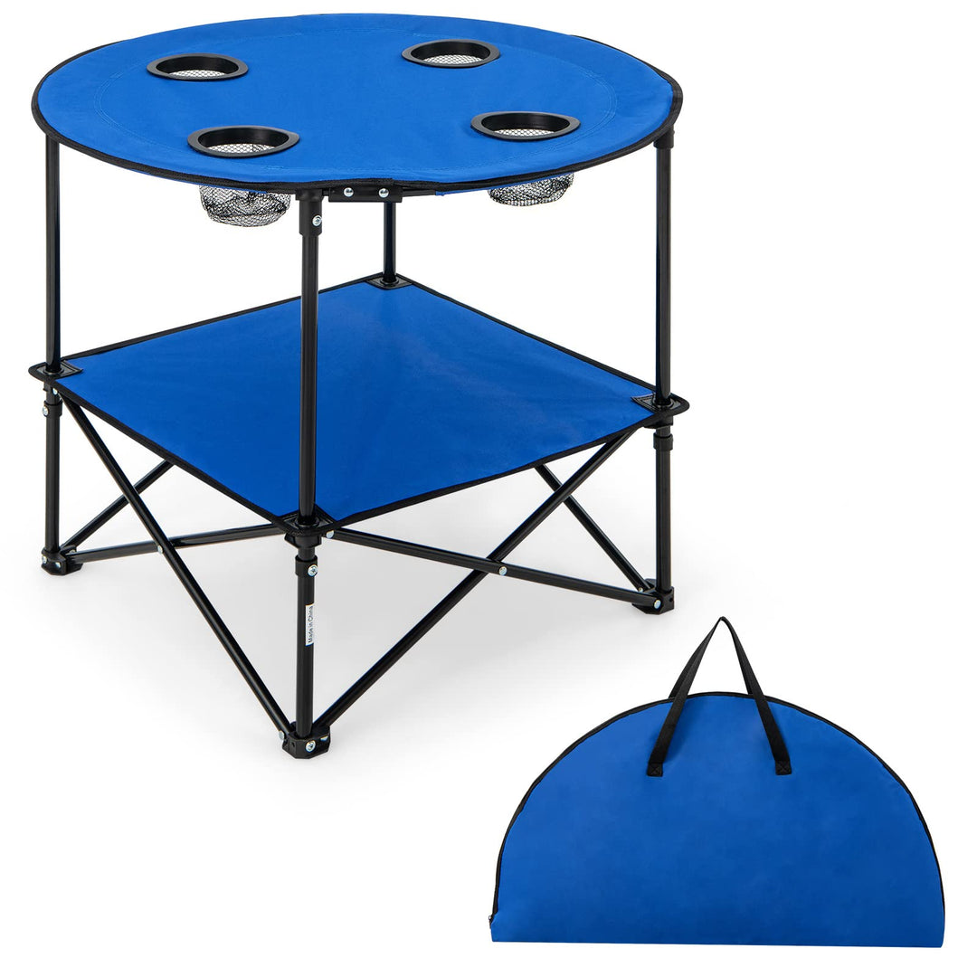 Giantex Picknicktisch, rund, faltbar, Campingtisch mit 2 Ebenen, mit 4 Getränkehaltern aus Netz, Met