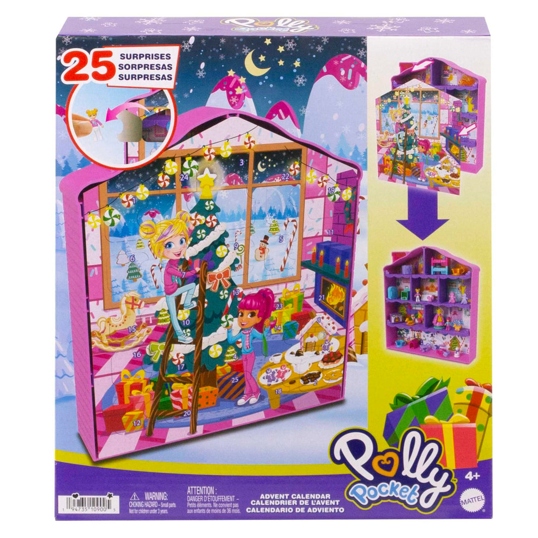 POLLY POCKET Adventskalender-Haus - 25 Überraschungen, 2 Puppen, 27 Zubehörteile, Lebkuchenhaus-Desi