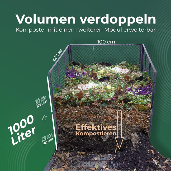 Novatool 2X Garten-Komposter Metall 500L+1000L, mit erweiterbarem Stecksytem, pulverbeschichteter Me