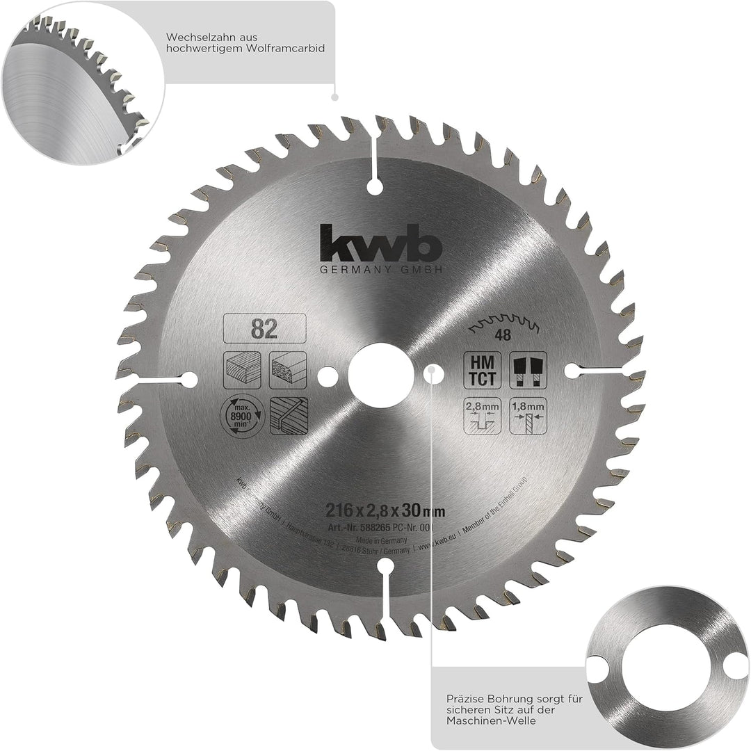 kwb Kreissägeblatt 216 x 30 mm, sehr feiner Schnitt, Sägeblatt geeignet für Arbeitsplatten, Holz und