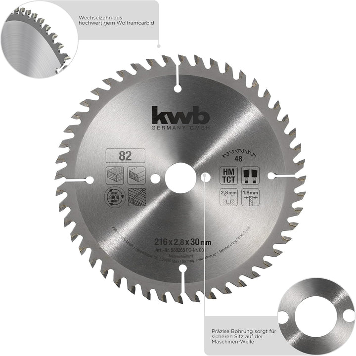 kwb Kreissägeblatt 216 x 30 mm, sehr feiner Schnitt, Sägeblatt geeignet für Arbeitsplatten, Holz und