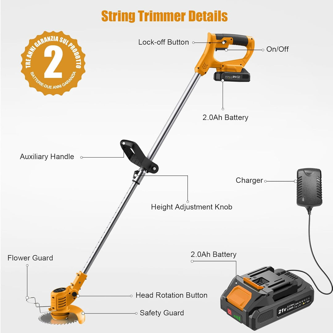 Rasentrimmer mit Akku – Akku Rasentrimmer, 11000 U/min, 2x2000mAh, Teleskopgriff 85–120cm, 2 Schneid