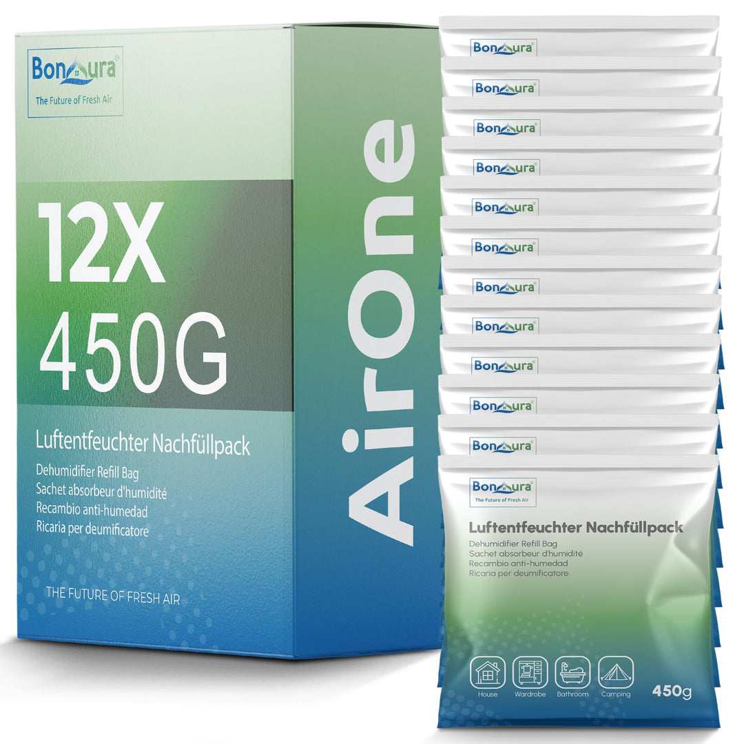 BonAura® AirOne Lite Luftentfeuchter Nachfüllpack I 12er Set 450g Luftentfeuchter Granulat I Entfeuc