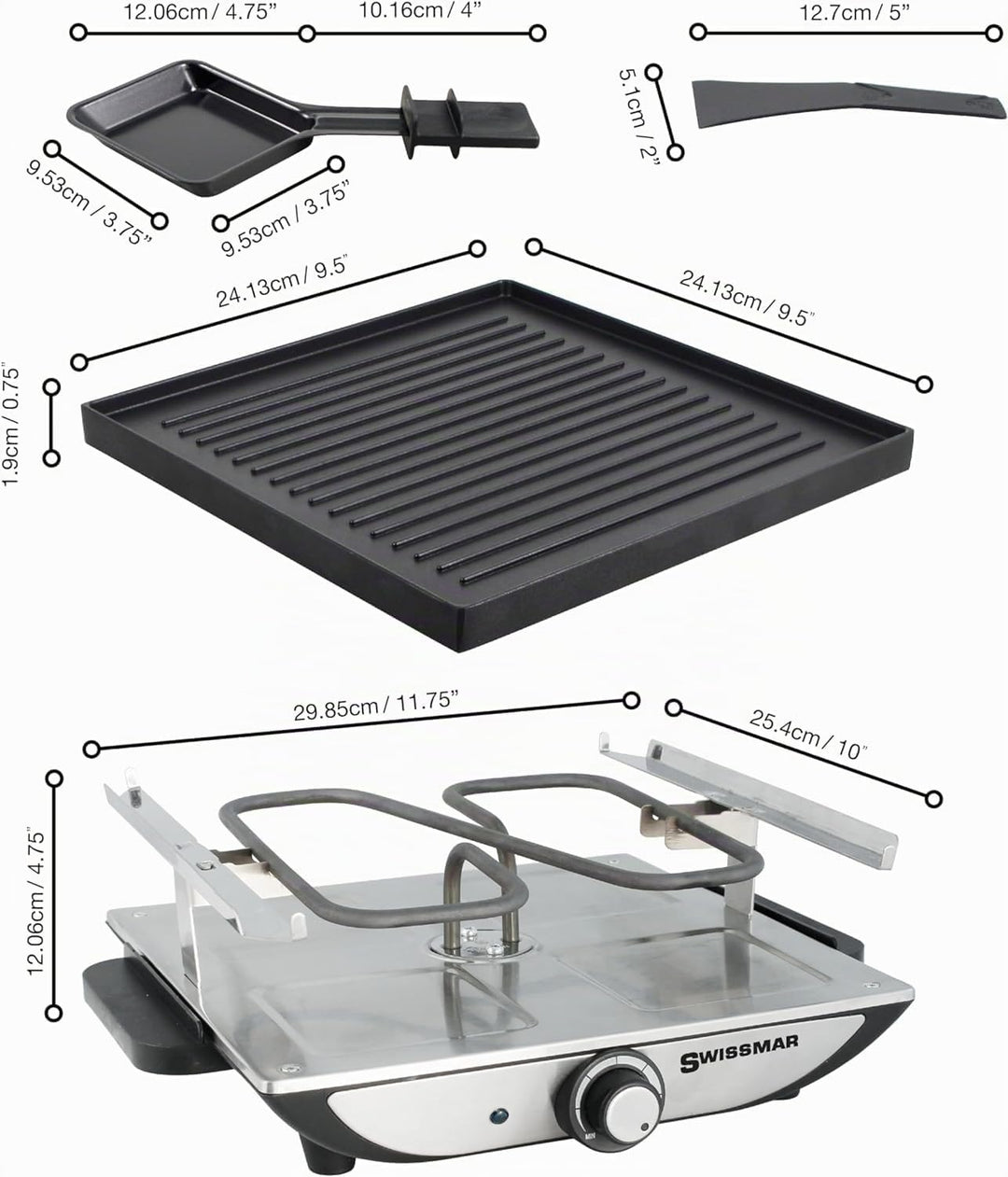 Swissmar Geneva Raclette 4 Personen, Raclette Grill mit Pfännchen und Schiebern, Mini Raclette-Grill