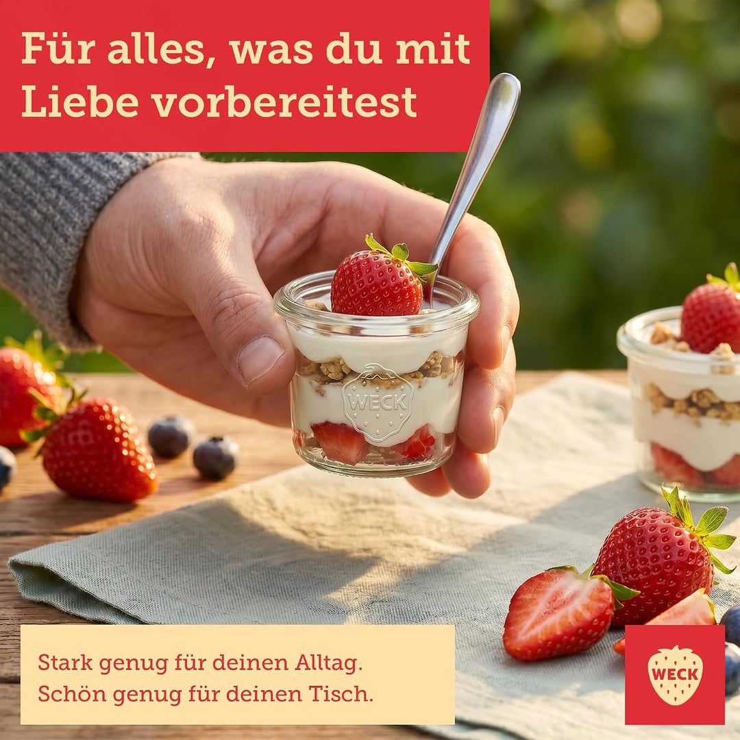 Weck Gläser 65ml – 12er Set mit Deckeln – Sturzform – robuste, stapelbare Dessertgläser, Einkoch- &