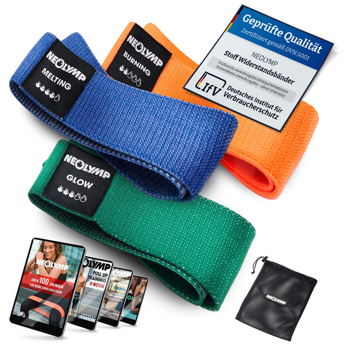 NEOLYMP Miniband Fitness aus Stoff + E-Book mit über 100 Übungen – Minibands Trainingsband Beine Boo