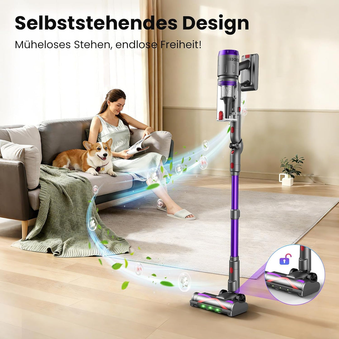 Akku Staubsauger 90Min, 600W 58000Pa Staubsauger Kabellos mit 90° Top-Adapter, Selbststehender Akkus