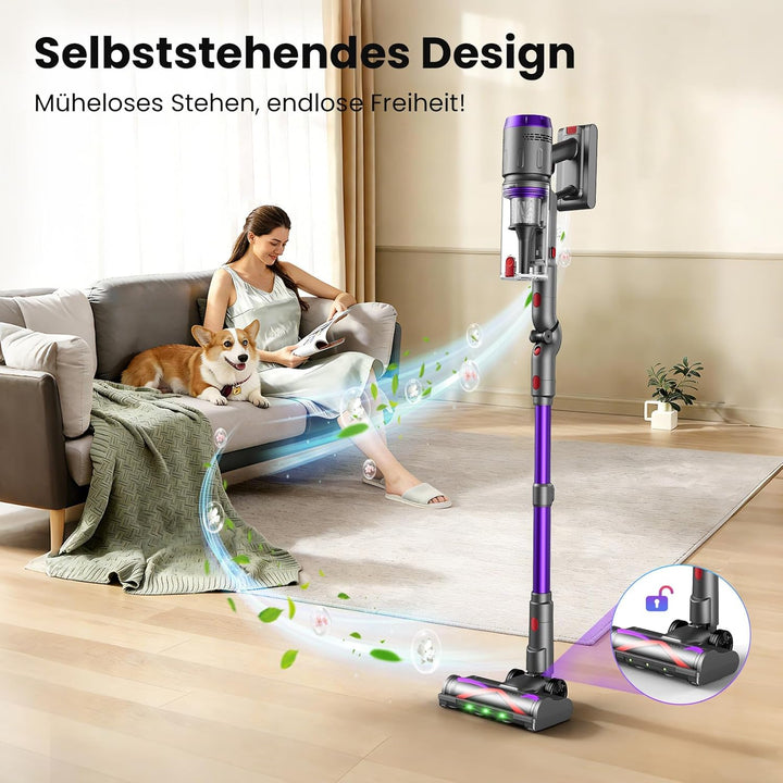 Akku Staubsauger 90Min, 600W 58000Pa Staubsauger Kabellos mit 90° Top-Adapter, Selbststehender Akkus