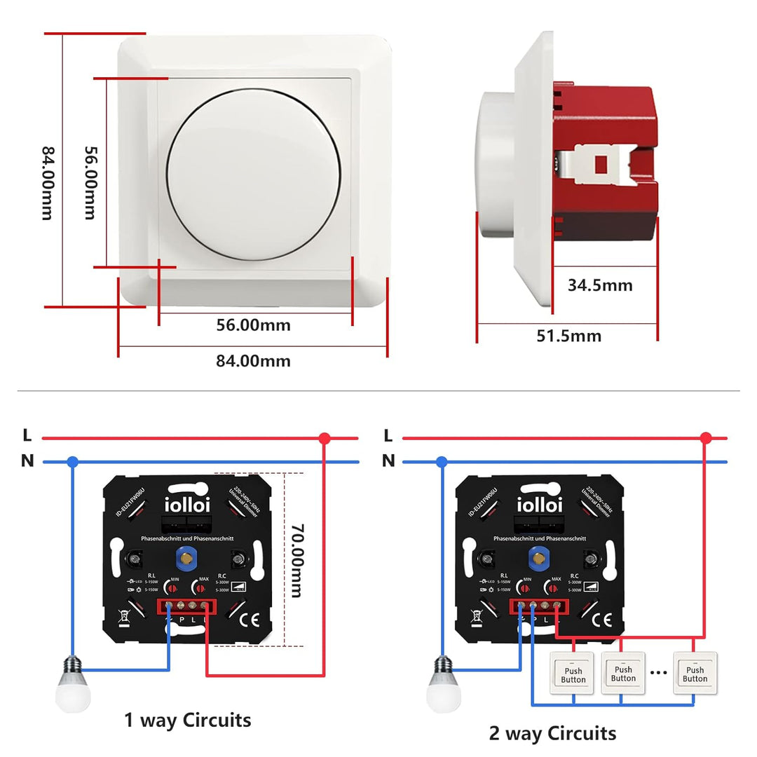 iolloi Dimmer, LED Dimmerschalter, Dimmer für LED Lampen, LED Dimmer, Universal 5–300 W Unterputzdos