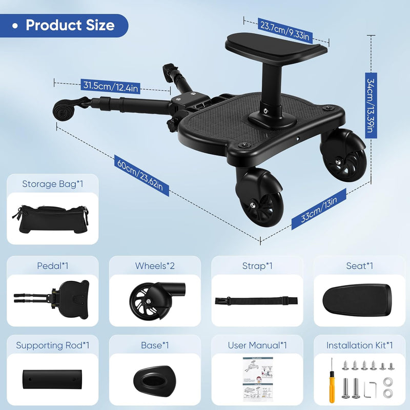 Mevip Buggy Board mit Sitz, Trittbrett Mitfahrbrett universal, Kinderwagen Board mit Kinderwagen Org