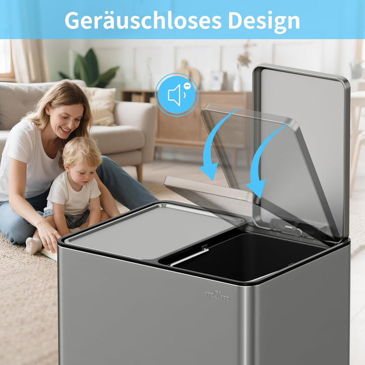 mVm Mülleimer Küche,40 Liter Treteimer,2 x 20 Liter Treteimer, 2 Fächer, Mülltrennsystem, Abfalleime