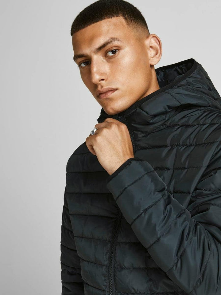 Jack & Jones Herren Steppjacke mit Kapuze, wattiert, durchgehender Reissverschlu, Schwarz