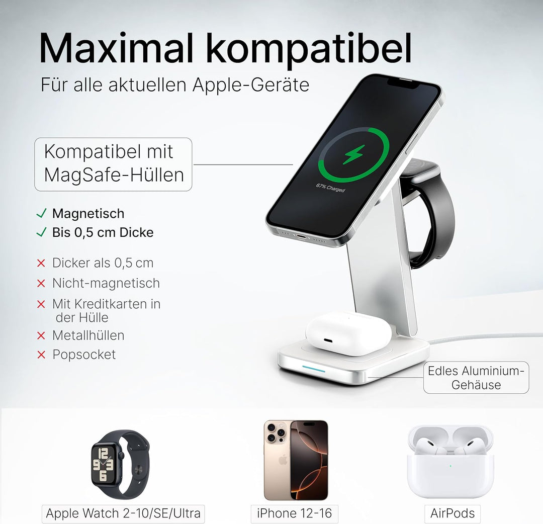 3-in-1 MagSafe Ladegerät – hochwertiges Aluminium – Kabelloses Ladegerät für iPhone, Apple Watch und
