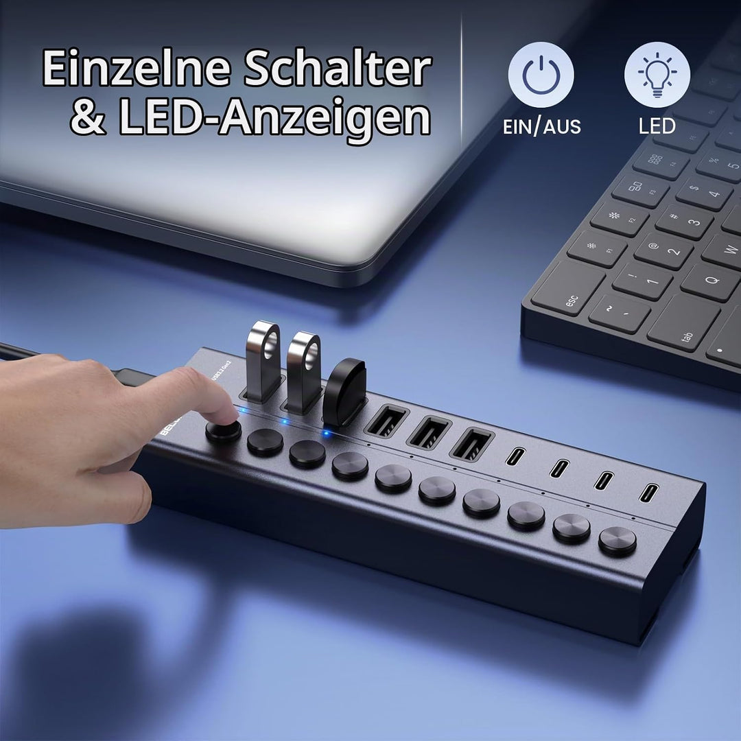 USB Hub mit Netzteil, 10-Port USB 3.2 Gen 2 10Gbit/s Aktiv Hub, Vollaluminium mit 60W (12V 5A) Power