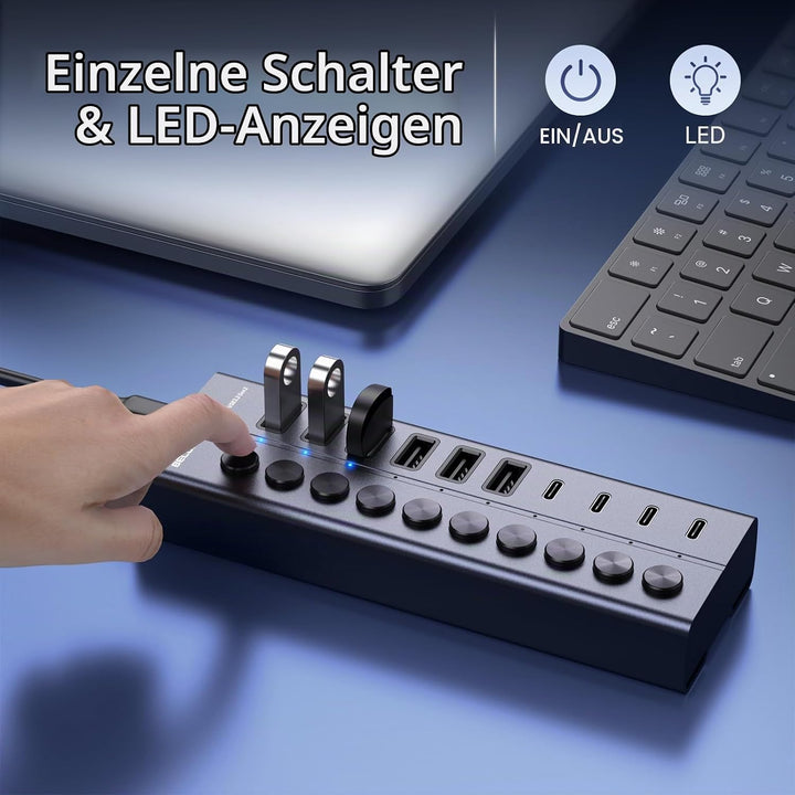 USB Hub mit Netzteil, 10-Port USB 3.2 Gen 2 10Gbit/s Aktiv Hub, Vollaluminium mit 60W (12V 5A) Power