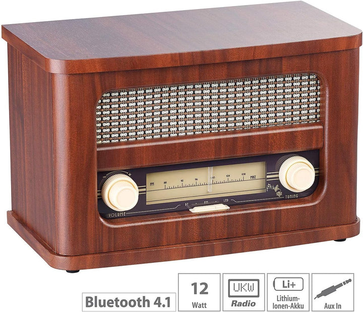 auvisio Nostalgie Radio: Nostalgisches Stereo-FM-Radio 12W, Holz, Akku, Bluetooth, USB Ladeport (Rad