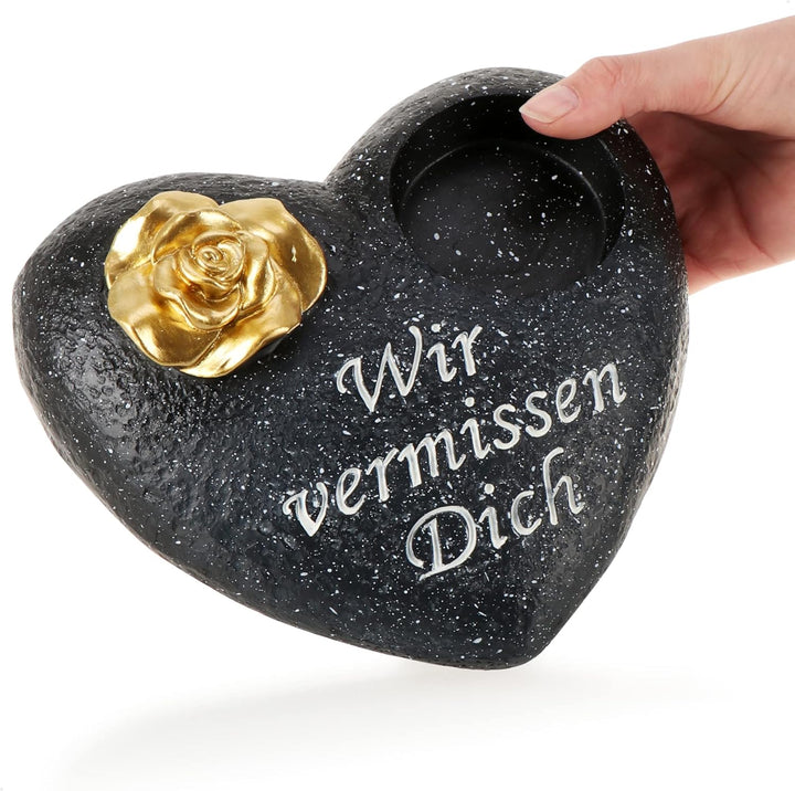 com-four® Grab-Dekoration in Herz-Form mit goldfarbener Rose - Gedenkstein mit Halter für Grabkerze